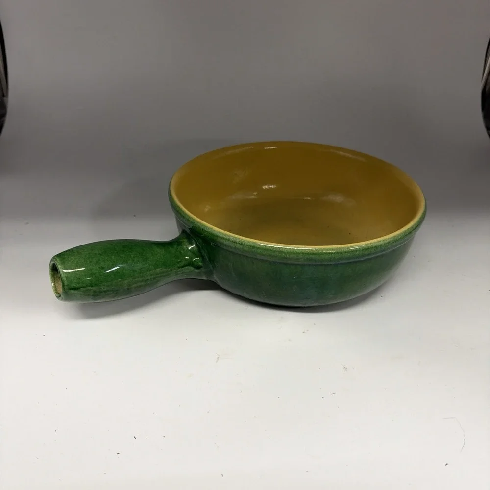 Vtg Landert 22 Fondue‎ Pot Switzerland Green Yellow 60s 70s Mod MCM Pottery Read